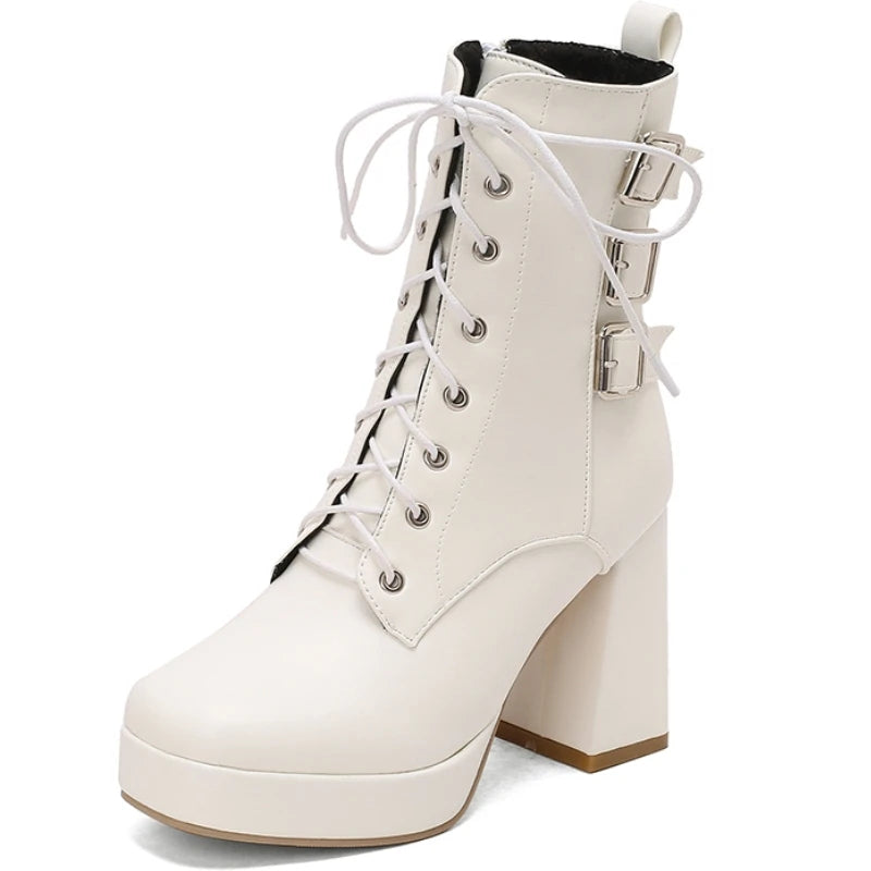 Women's Edgy White Leather Lace-Up Platform Combat Boots with Buckle