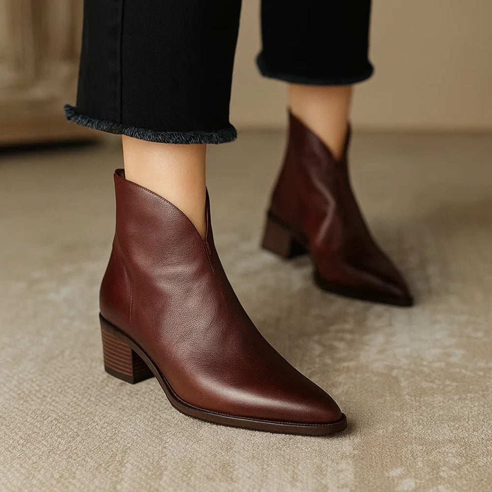 Women's Elegant Leather Pointed Toe Ankle Boots with Block Heel