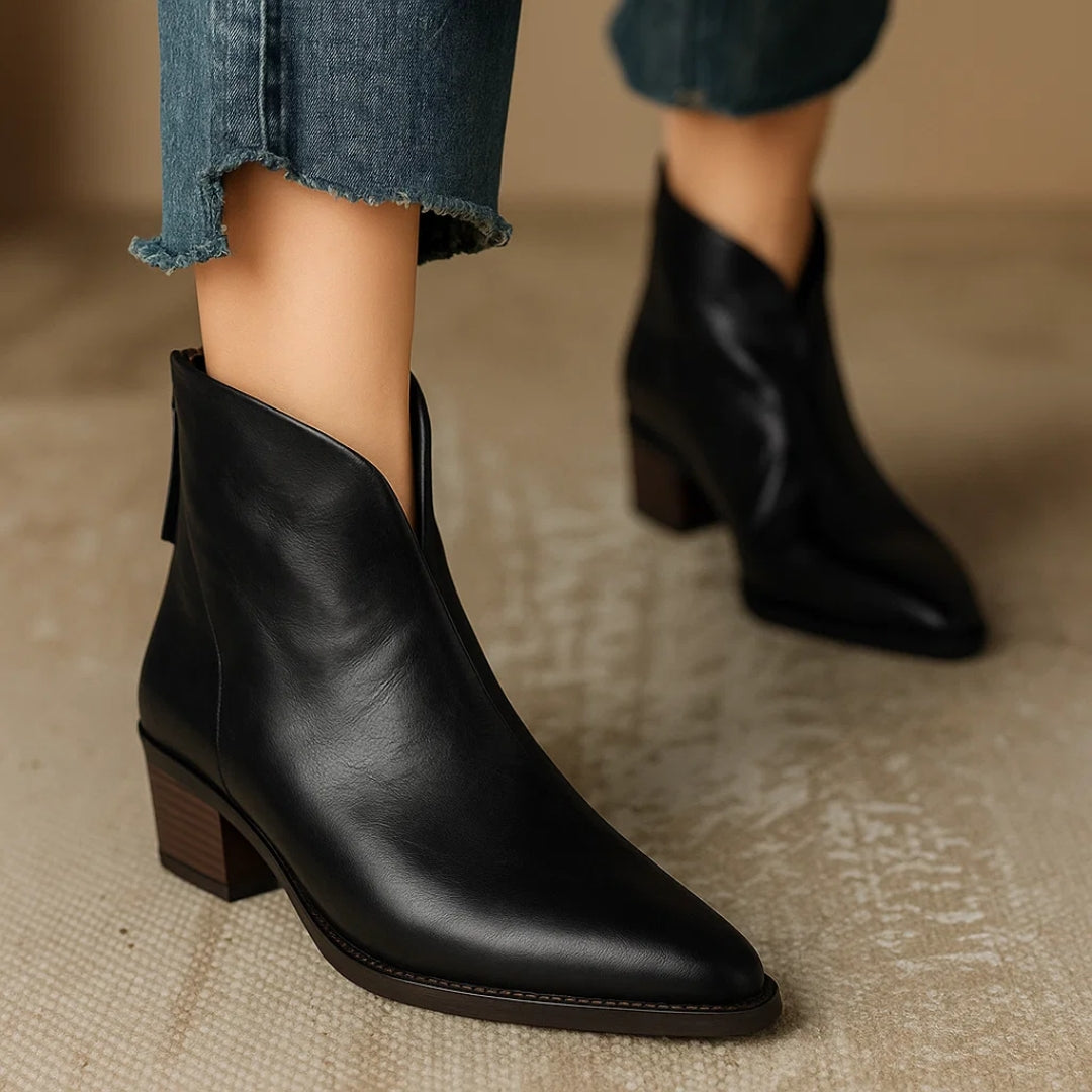 Women's Elegant Leather Pointed Toe Ankle Boots with Block Heel