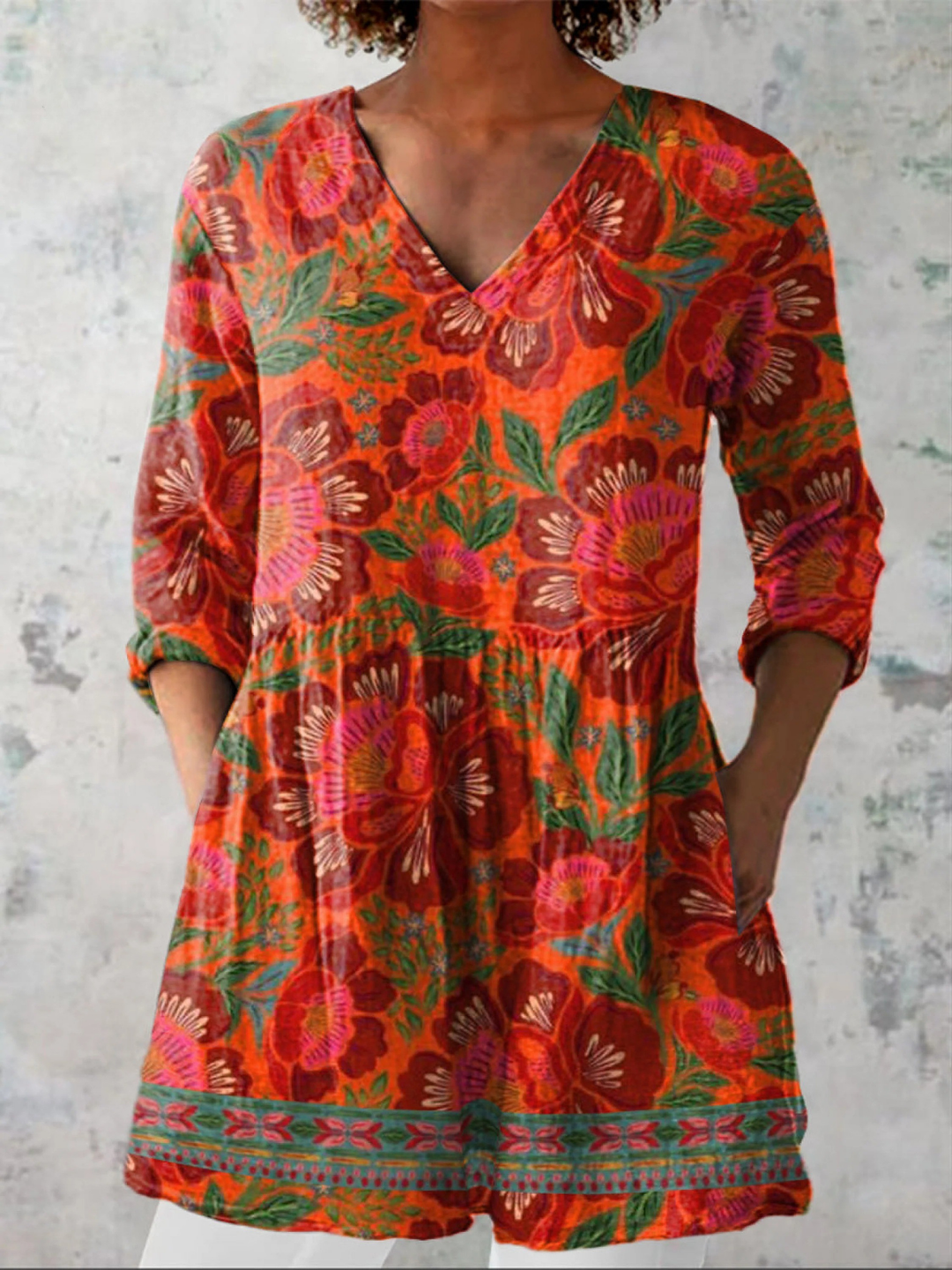 Women's Classic V-Neck Longline Cotton Tunic Blouse