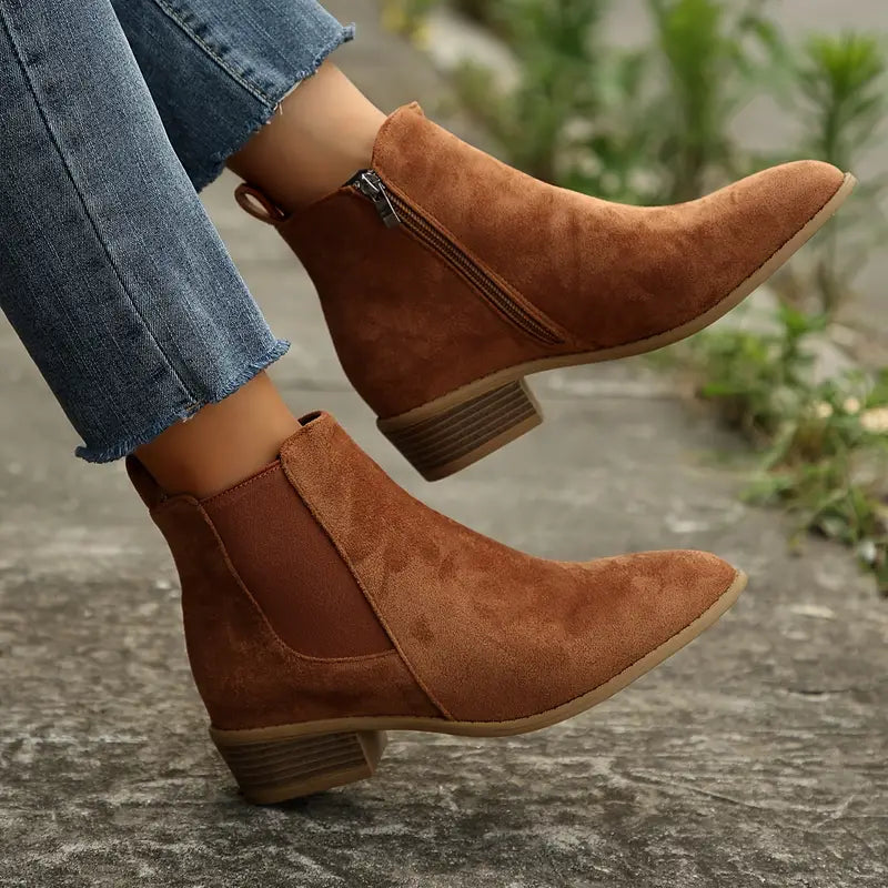 Women's Classic Leather Side-Zip Low-Heel Boots