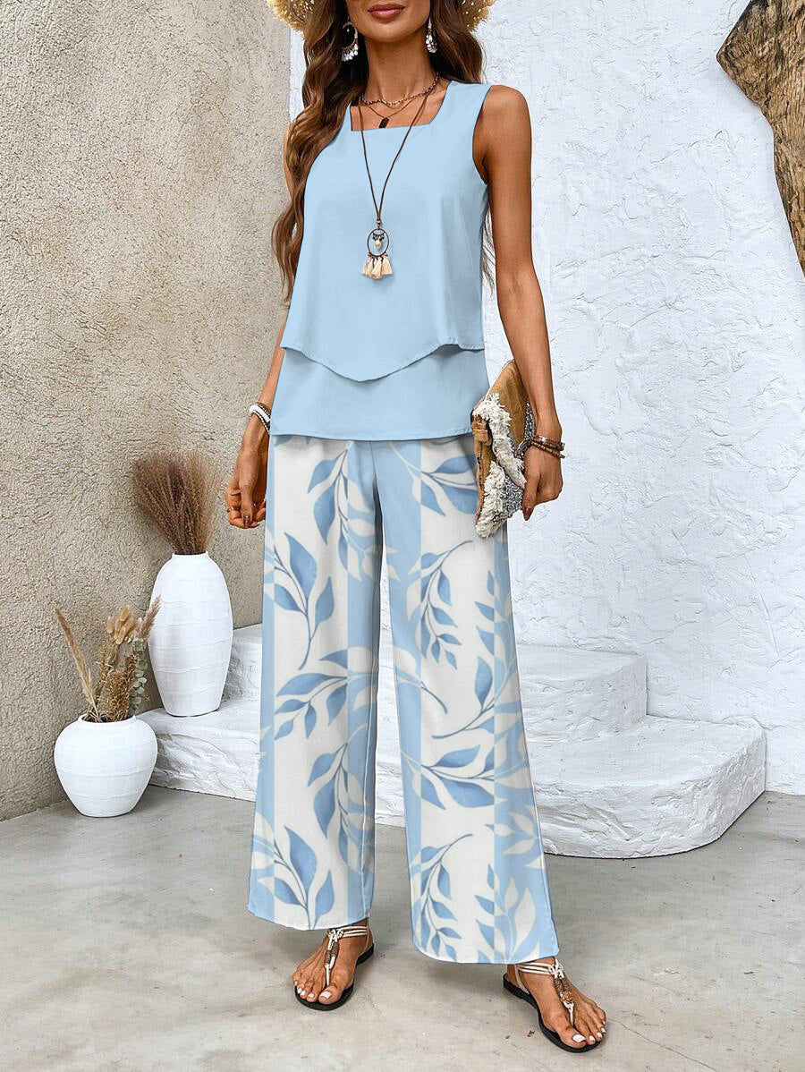 Women's Casual Leaf Print Wide Leg Pants Set