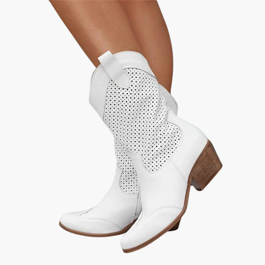 Women's Stylish Perforated Leather Pointed Toe Block Heel Boots
