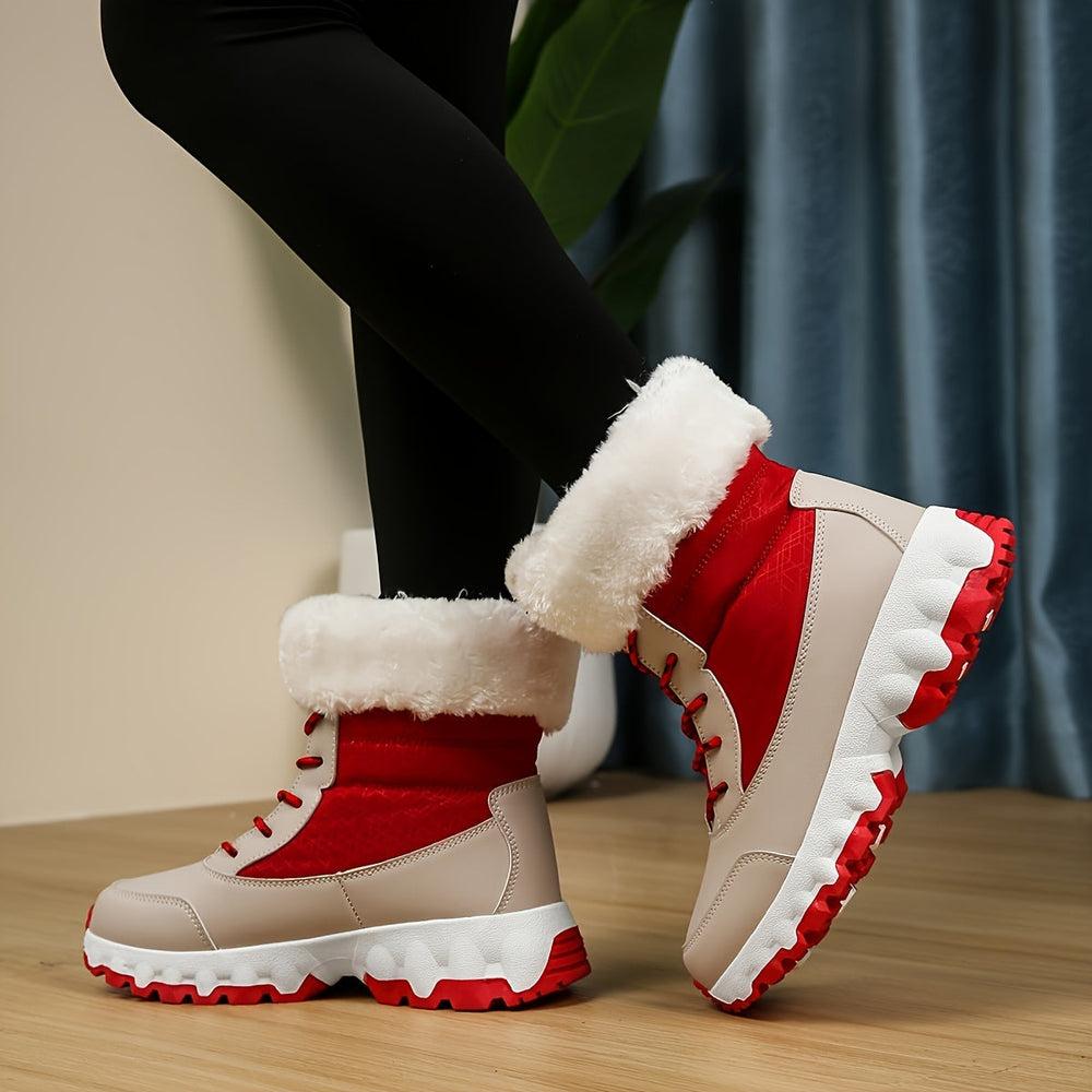 Women's Warm Lace-Up Faux Fur Cuff Snow Boots with Chunky Grip Sole