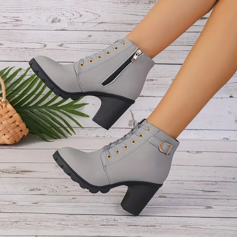 Women's Stylish Leather Chunky Heel Ankle Boots