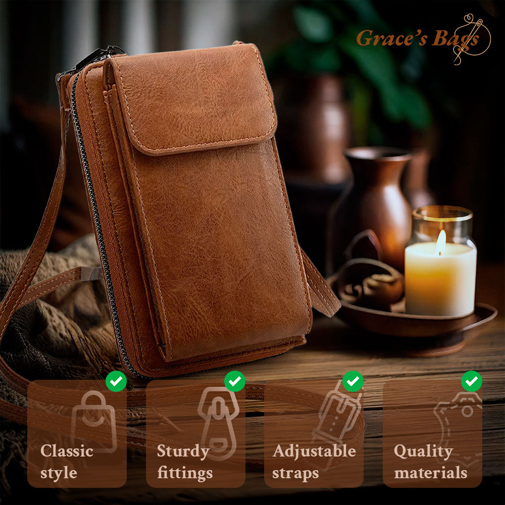 Women's Elegant Leather Long Sling Bag Brown