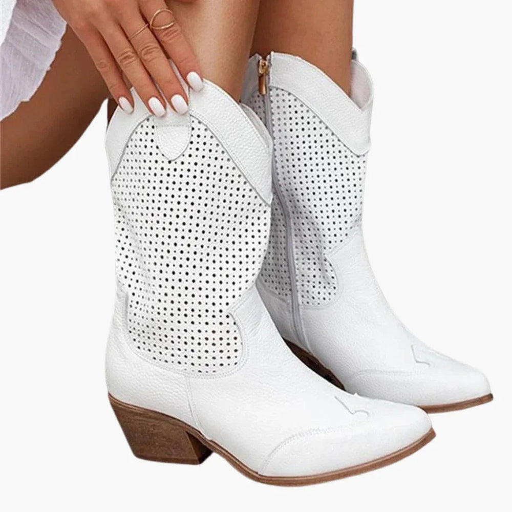 Women's Stylish Perforated Leather Pointed Toe Block Heel Boots