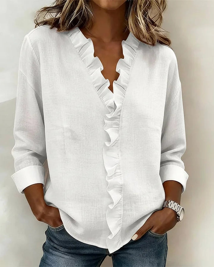 Women's Casual Linen Blouse with Ruffle Trim