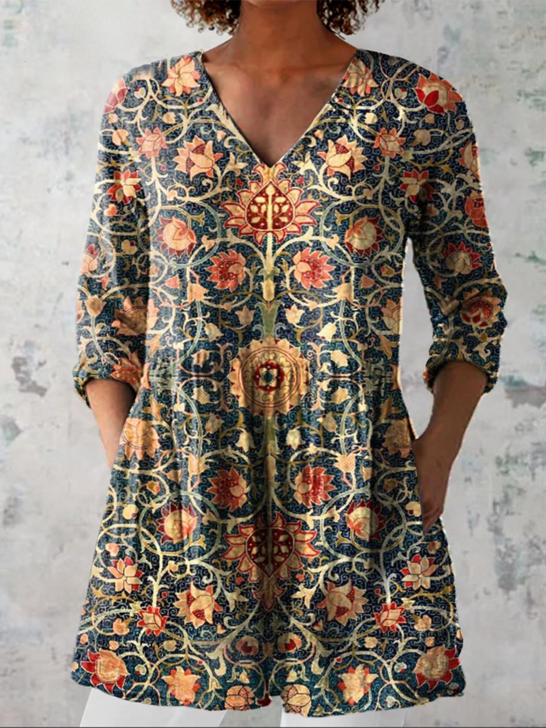 Women's Casual V-Neck Cotton Tunic Blouse