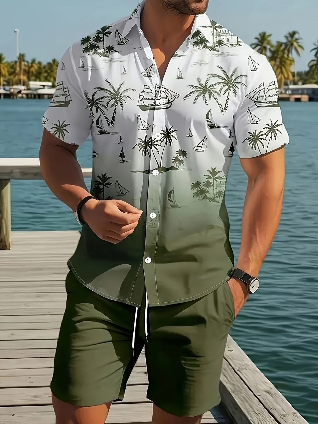 Men's Casual Cotton Coastal Print Shirt and Shorts Set