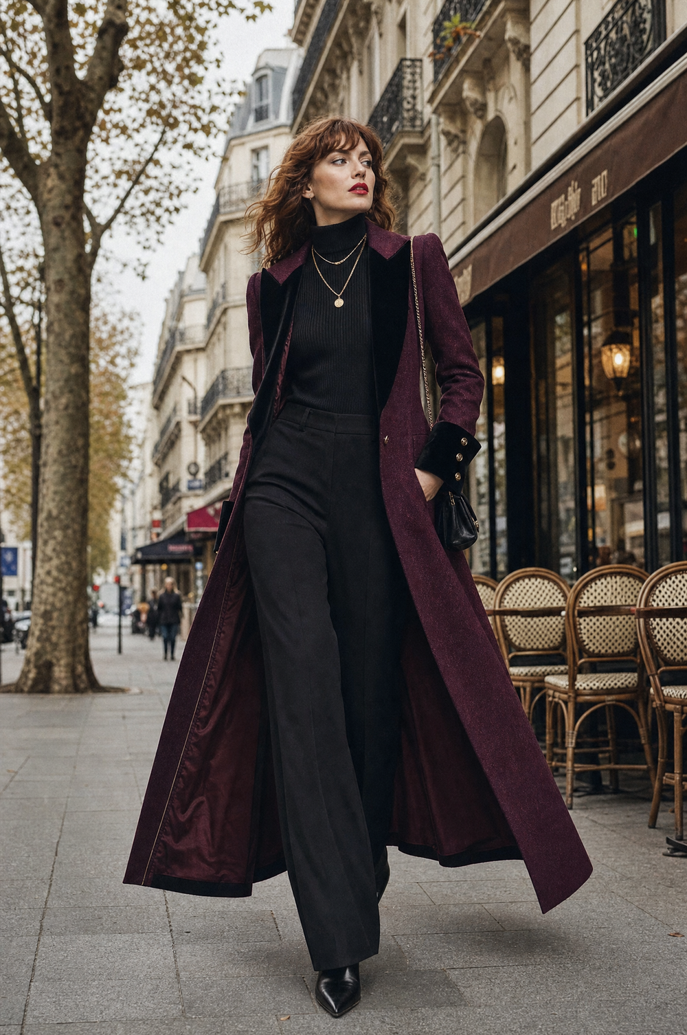 Women's Vintage Slim-Fit Wool Midi Coat with Velvet Lapels