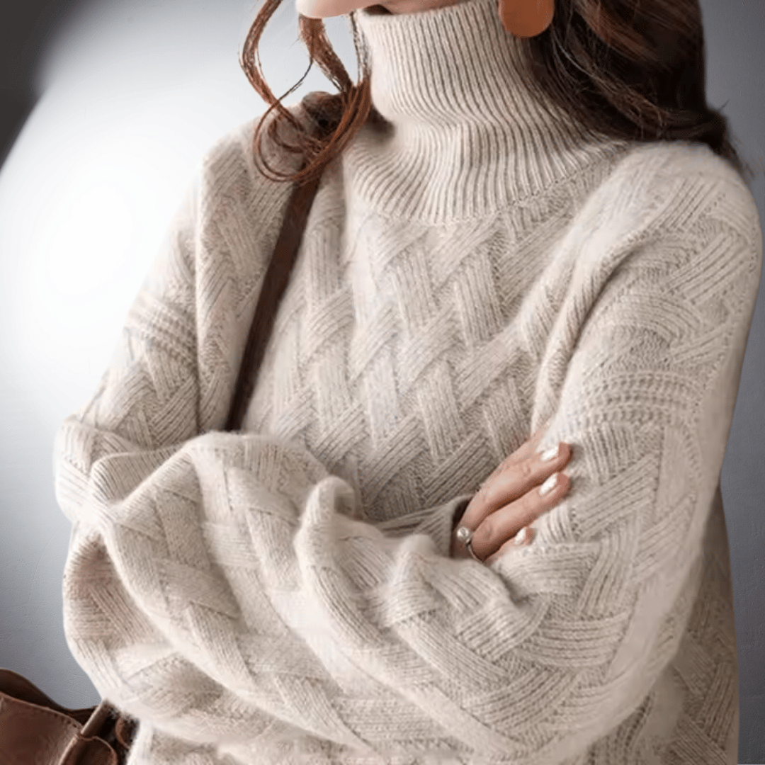 Women's Casual Basketweave Knit Turtleneck Sweater Oversized Fit