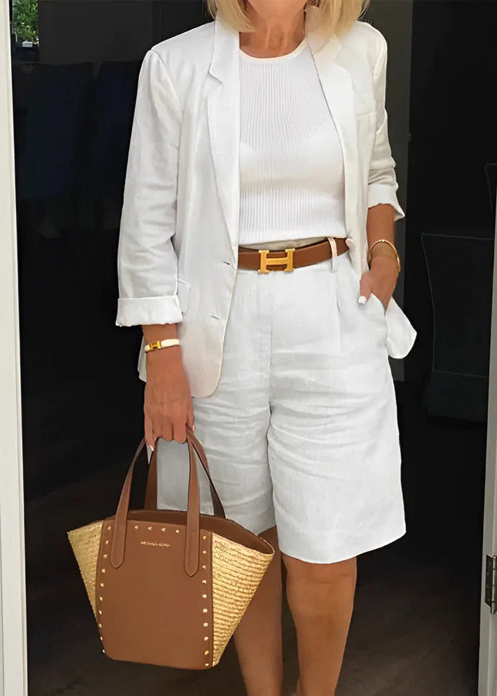 Women's Stylish Belted Linen Blazer and Shorts Set
