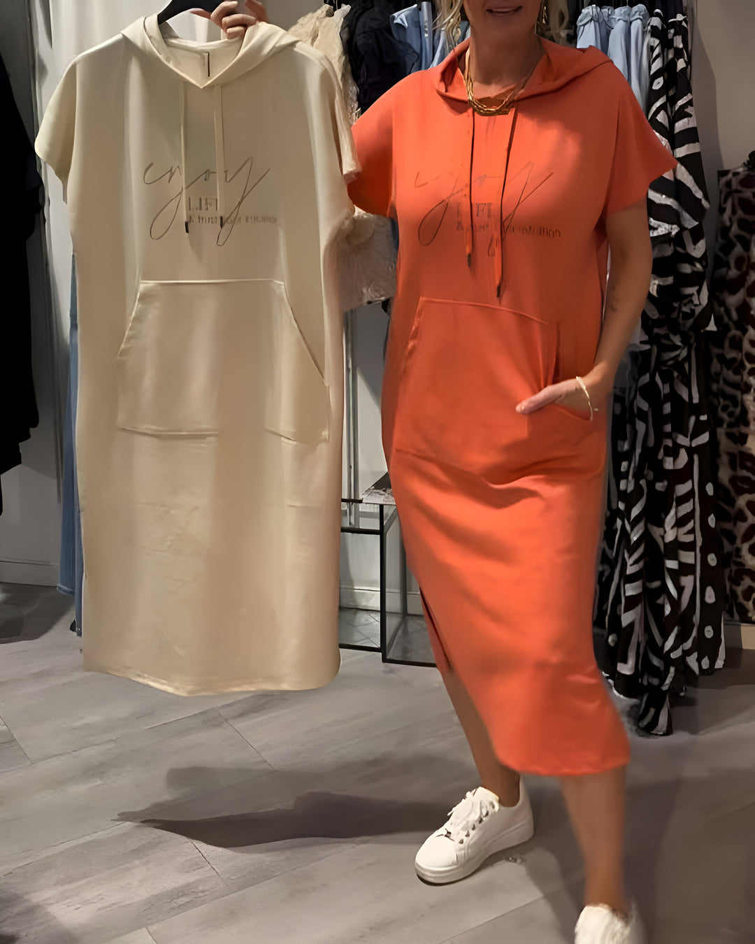 Women's Casual Cotton Hoodie Midi Dress with Drawstring Hood