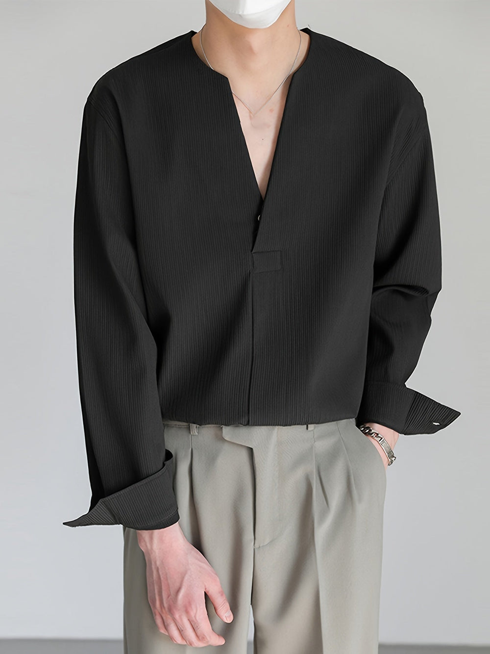 Men's Classic Collarless V-Neck Cotton Shirt