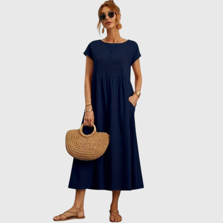 Women's Classic A-Line Midi Cotton Dress with Short Sleeves