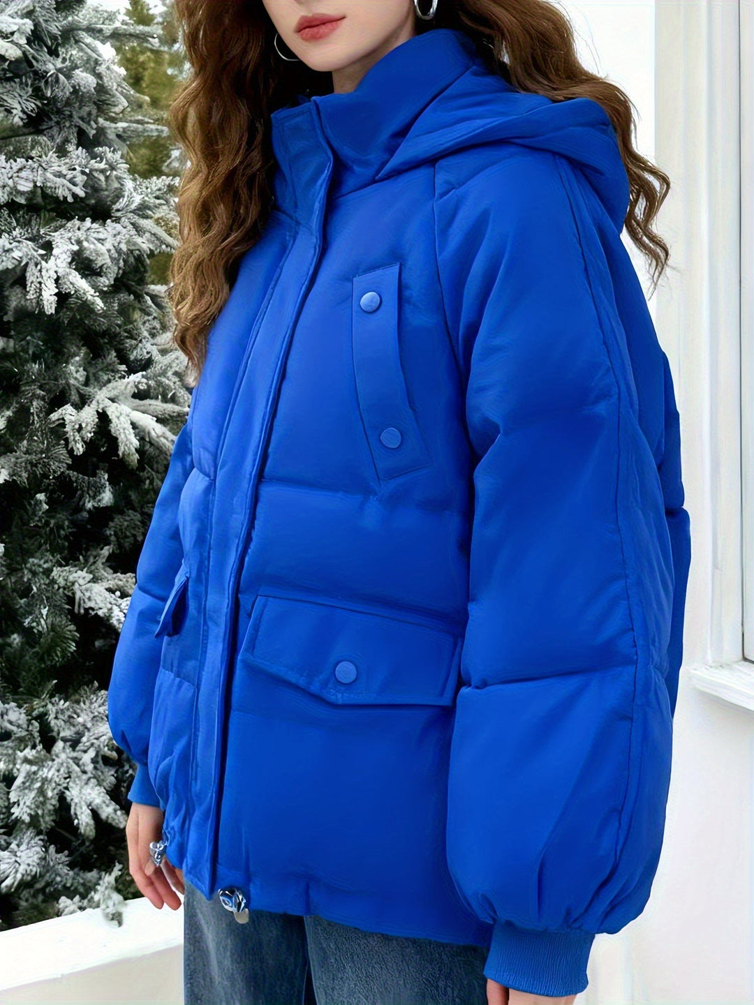 Women's Casual Blue Puffer Ski Jacket with Hooded Oversized Fit