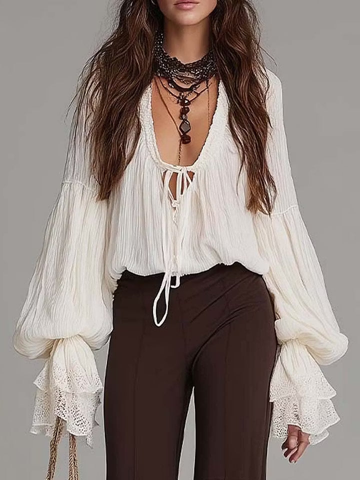 Women's Boho Lace-Up Blouse and Wide Leg Flare Pants Set