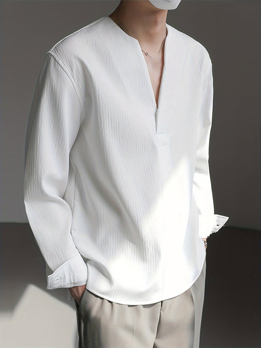 Men's Classic Collarless V-Neck Cotton Shirt