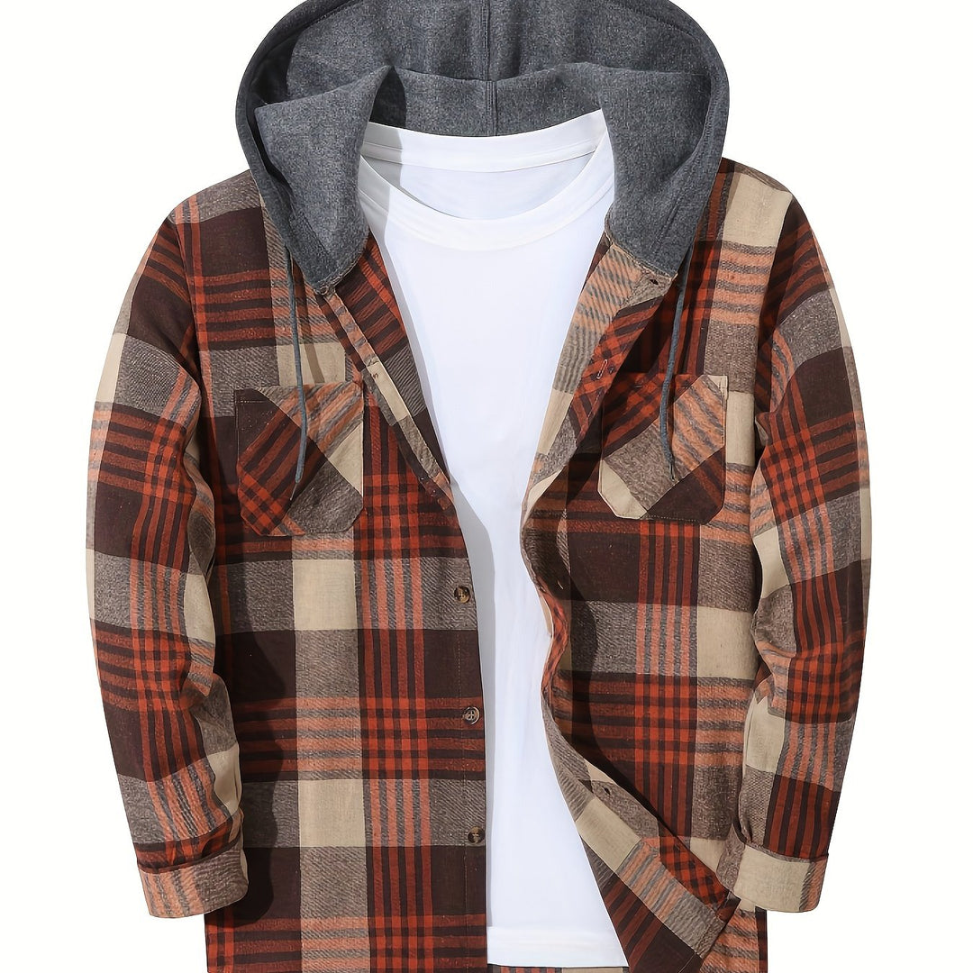 Men's Casual Checked Cotton Hooded Shirt