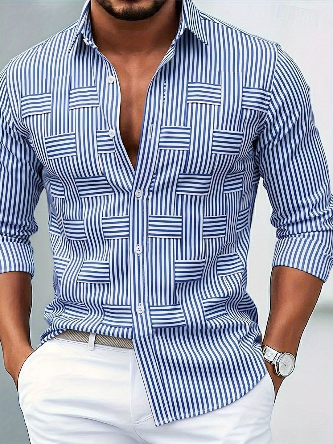 Men's Refined Striped Cotton Long Sleeve Shirt