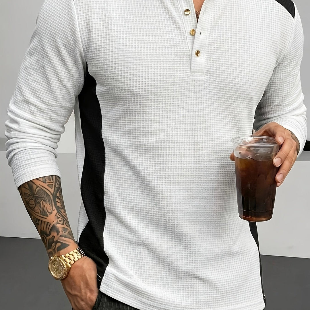 Men's Casual Textured Cotton Long-Sleeve Henley