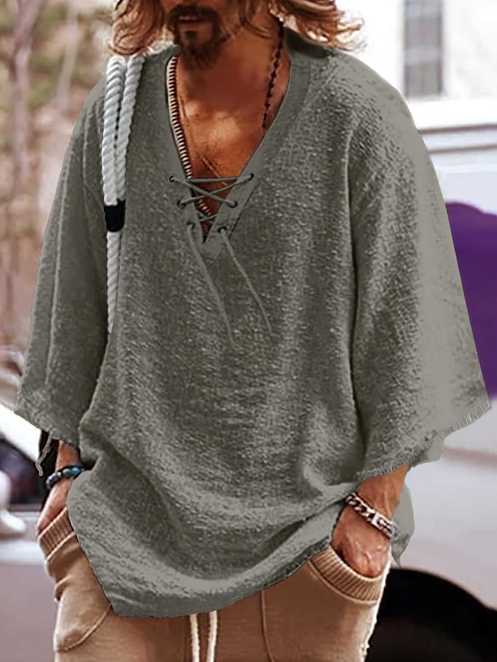Men's Relaxed Cotton Lace-Up V-Neck Shirt