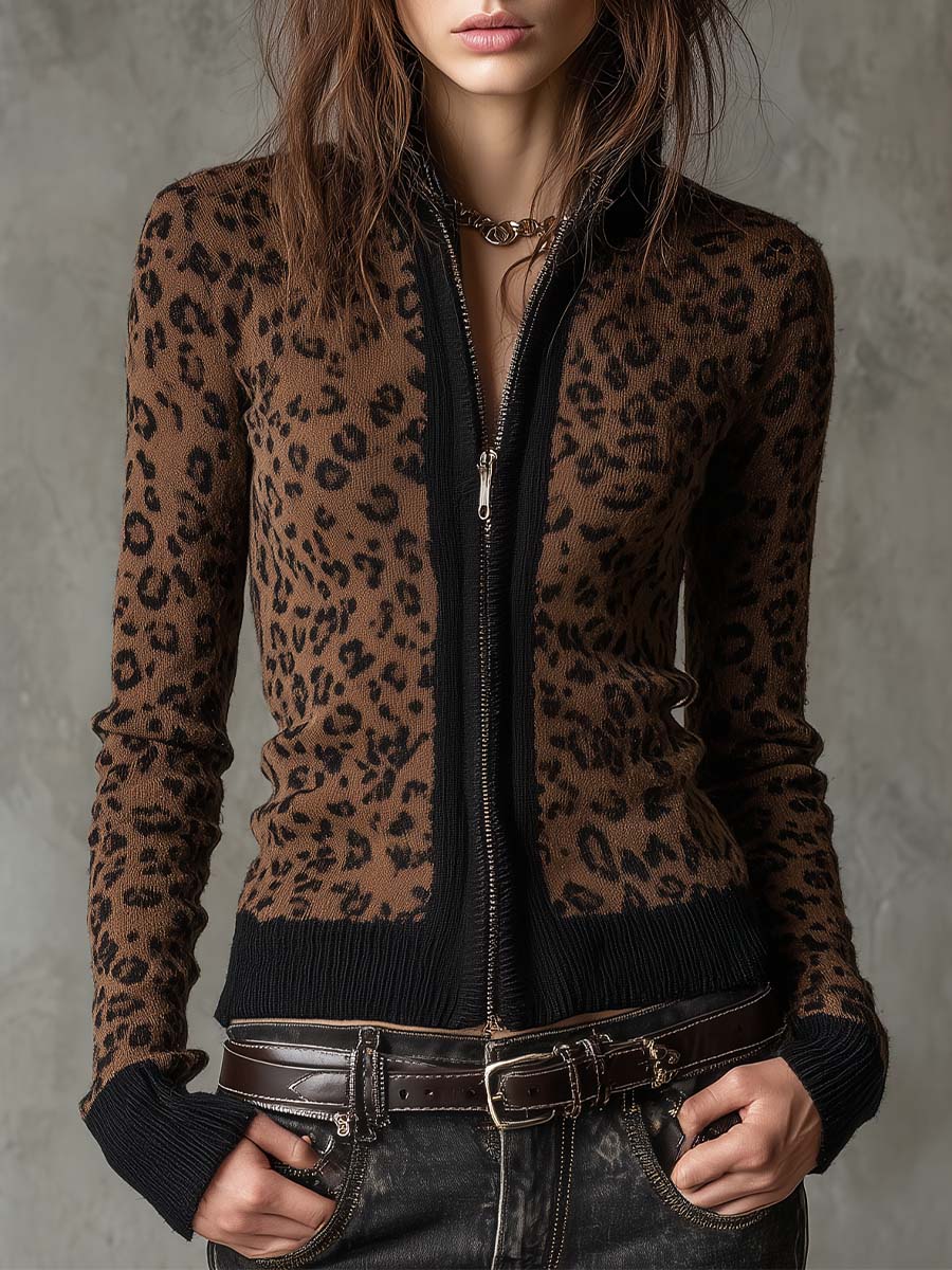 Women's Vintage Slim Fit Zip-Up Cardigan with Leopard Print
