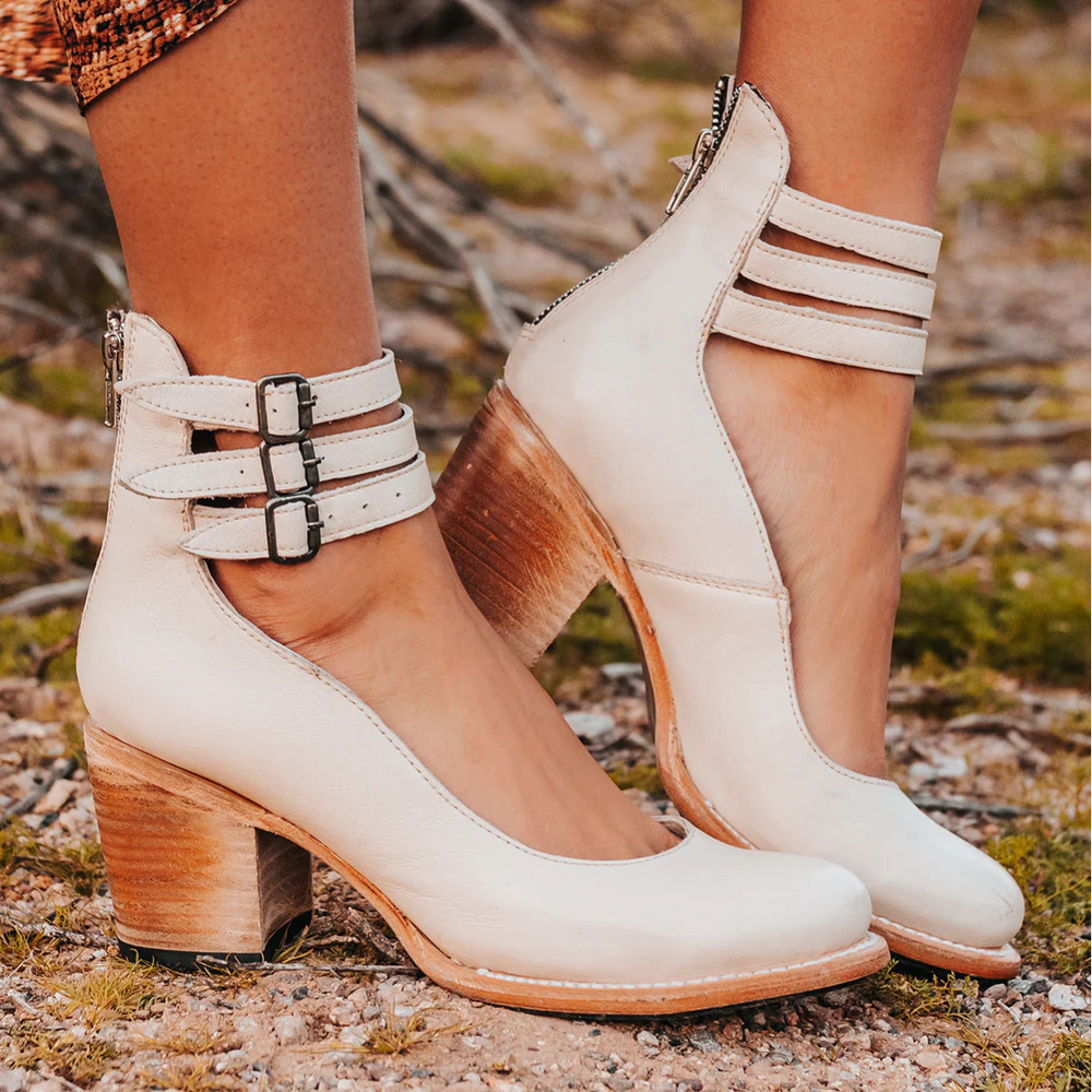 Women's Stylish Leather Block Heel Ankle Strap Booties