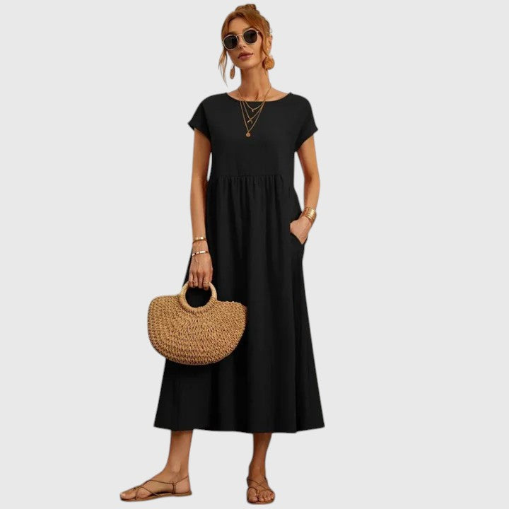 Women's Classic A-Line Midi Cotton Dress with Short Sleeves