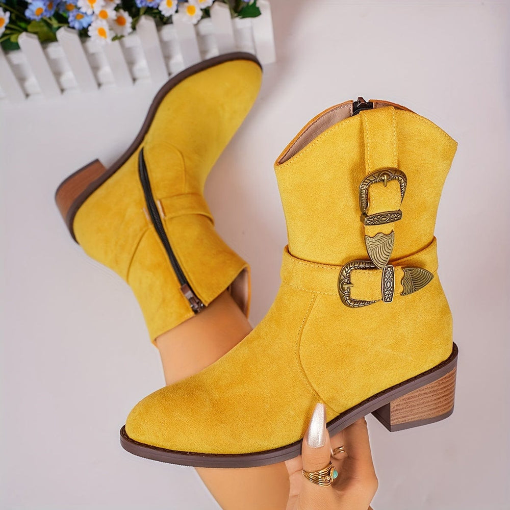 Women's Western Leather Buckle Zip Ankle Boots