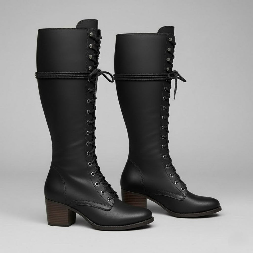 Women's Elegant Leather Knee High Lace-Up Boots with Studded Block