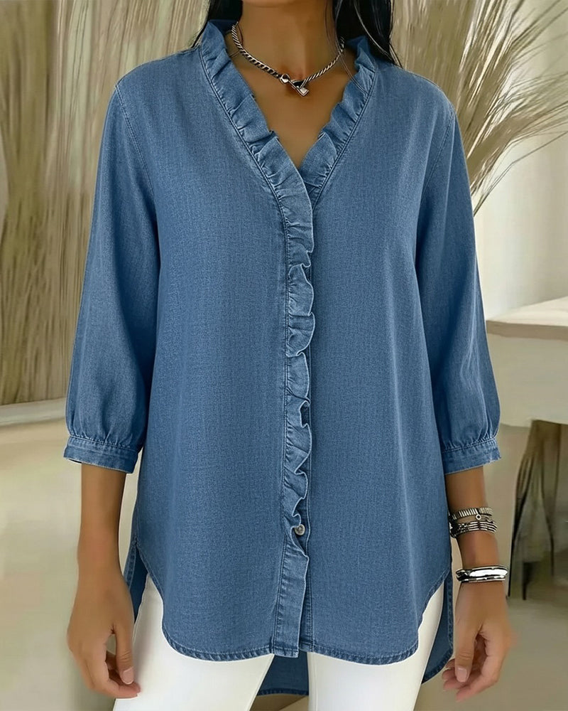Women's Casual Denim V-Neck Blouse