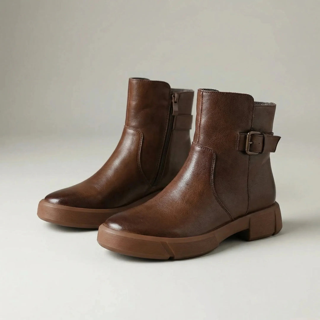 Women's Vintage Faux Leather Ankle Boots with Buckle Strap and Block