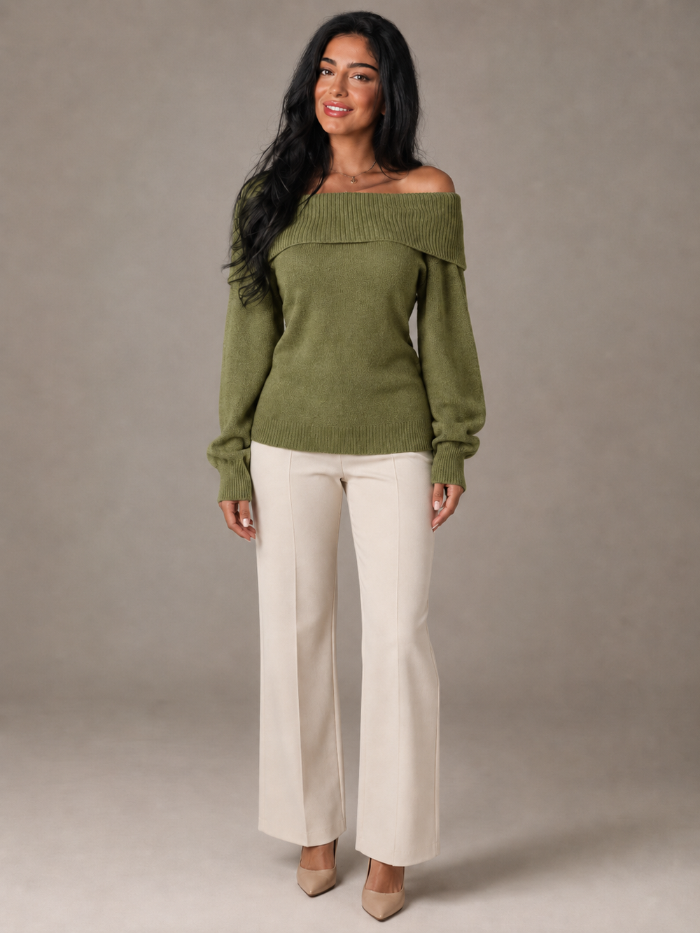 Women's Casual Fold-Over Off Shoulder Sweater