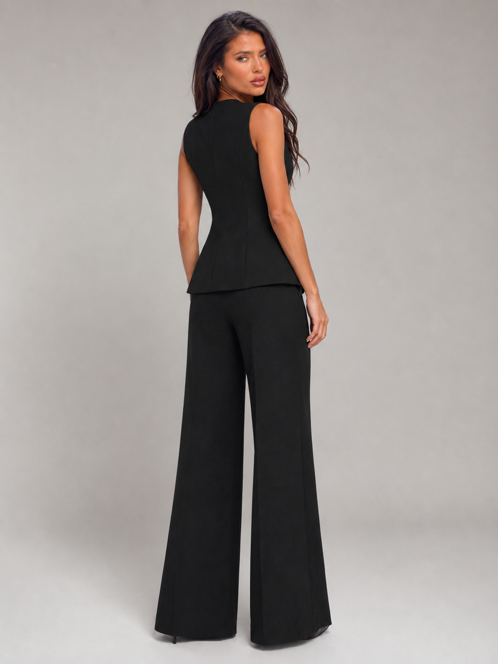 Women's Tailored Black Vest and Wide Leg Pants Set