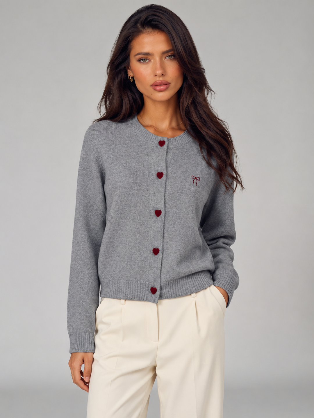 Women's Casual Knit Cardigan with Heart Button and Bow Embroidery
