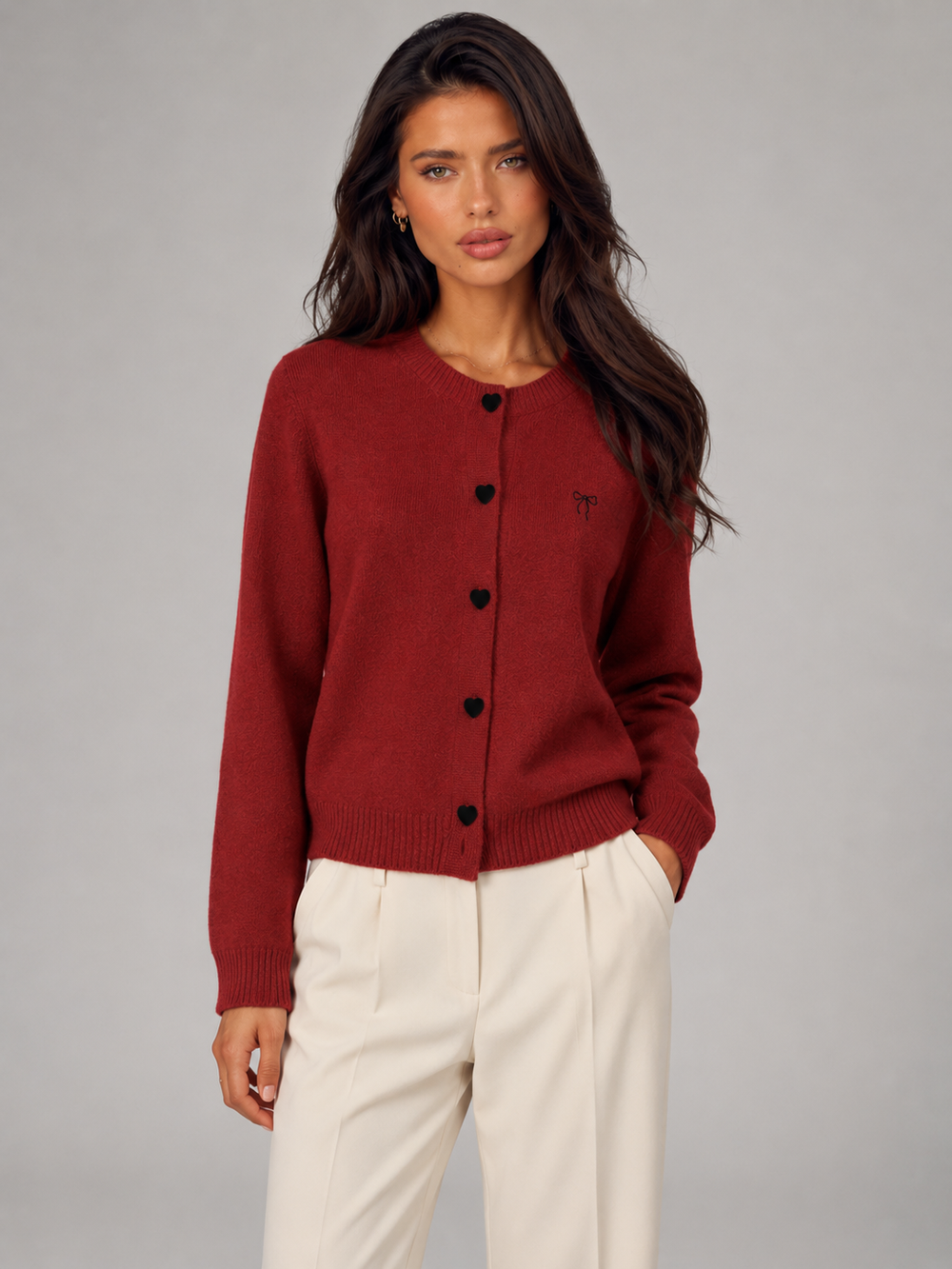Women's Casual Knit Cardigan with Heart Button and Bow Embroidery