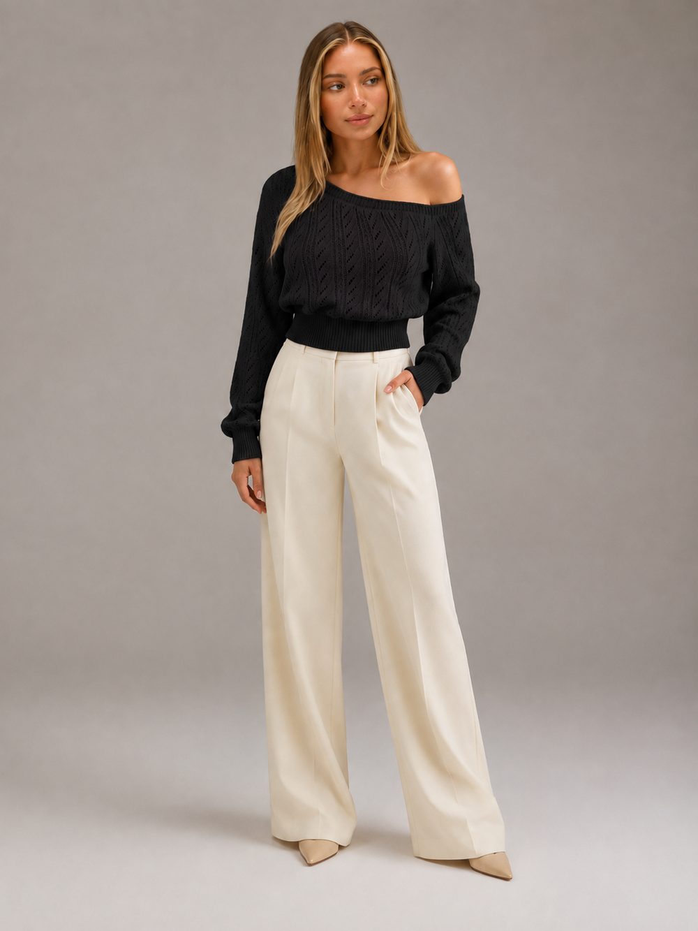 Women's Casual Cable Knit Cropped Sweater with Balloon Sleeves