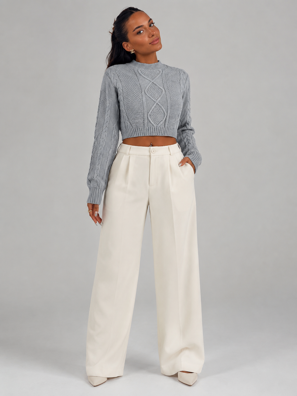 Women's Casual Cropped Cable Knit Mock Neck Sweater