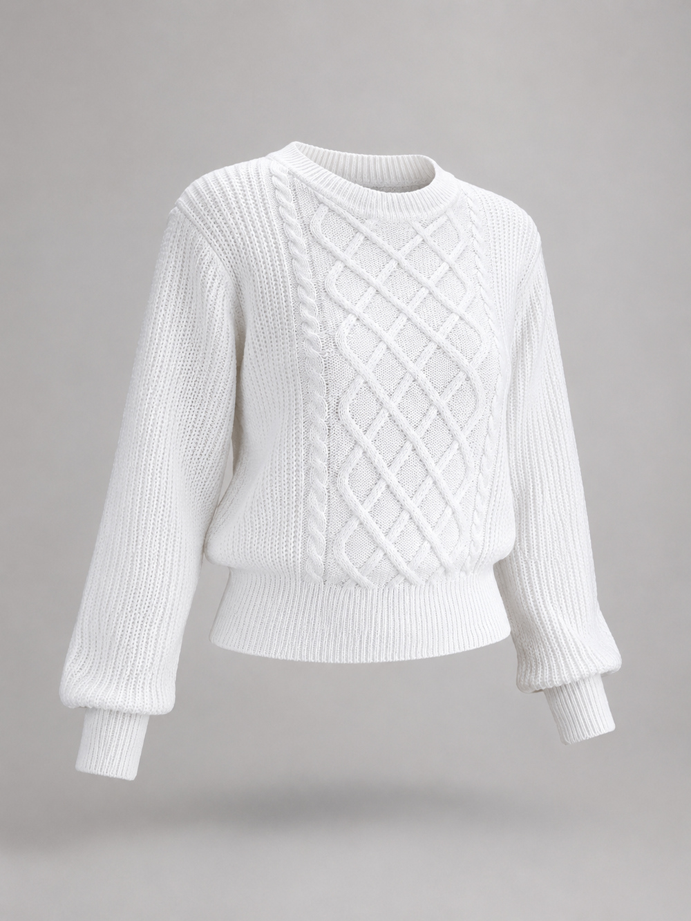 Women's Classic Cable Knit Lantern Sleeve Crew Neck Sweater