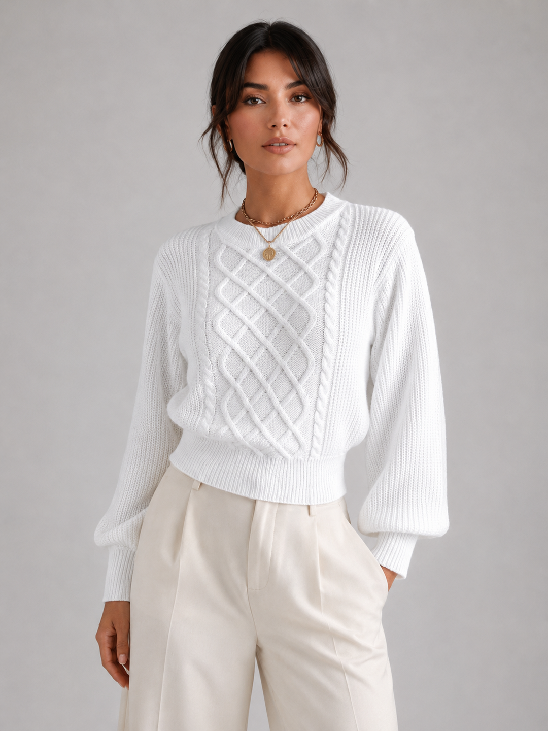 Women's Classic Cable Knit Lantern Sleeve Crew Neck Sweater