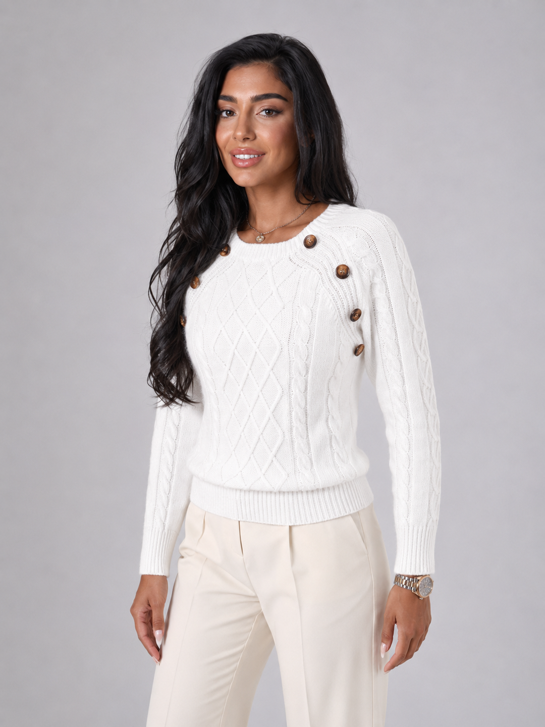 Women's Classic Cable Knit Button Shoulder Crewneck Sweater