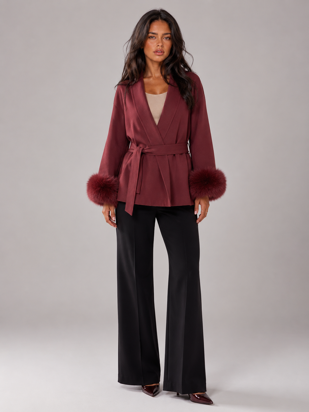 Women's Classic Belted Wool Blend Coat with Faux Fur Cuffs
