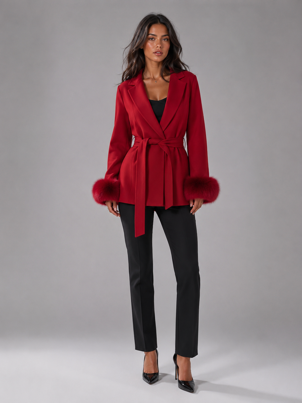 Women's Classic Belted Wool Blend Coat with Faux Fur Cuffs