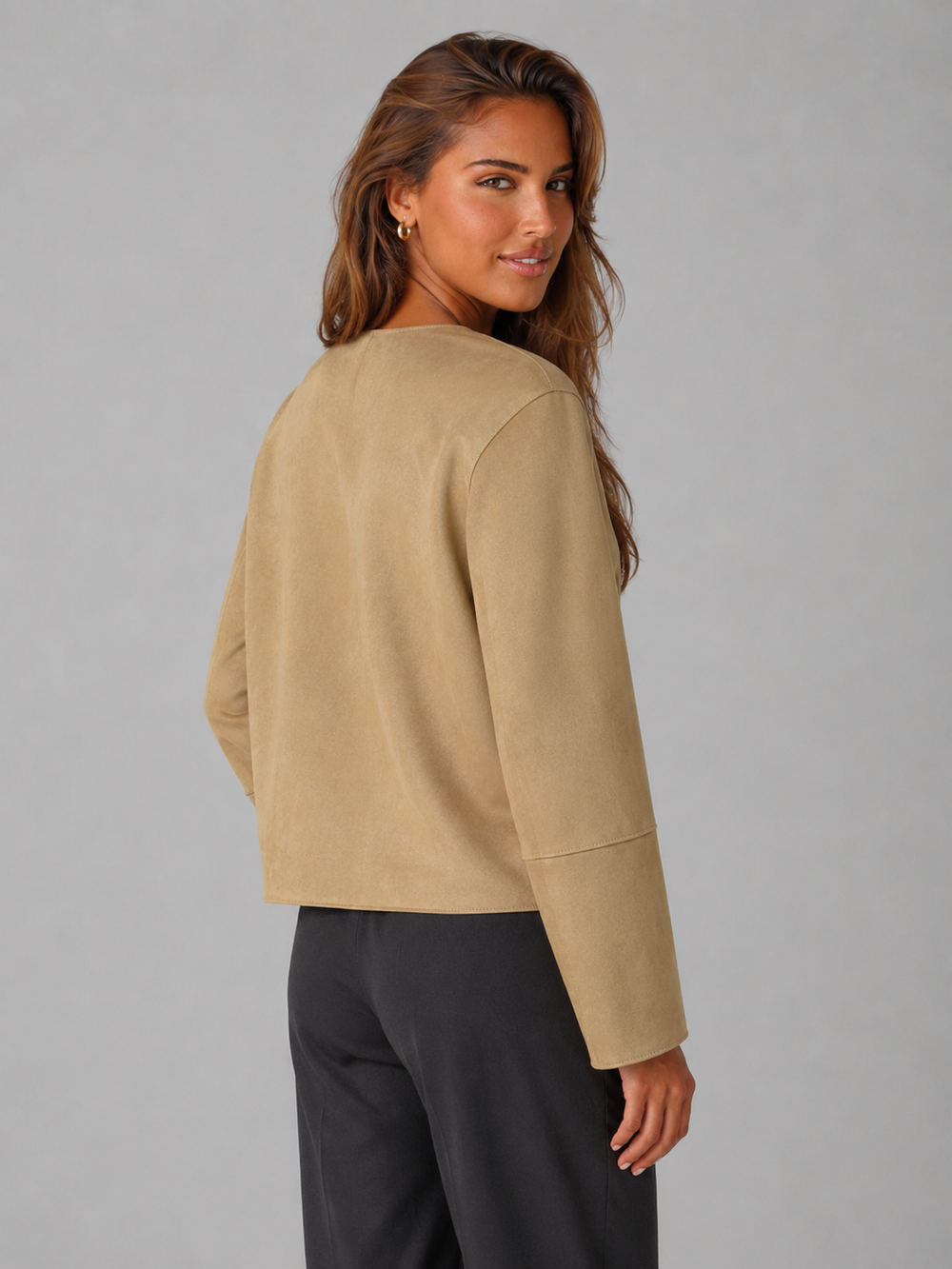 Women's Casual Suede-Look Cropped Jacket with Patch Pockets Beige