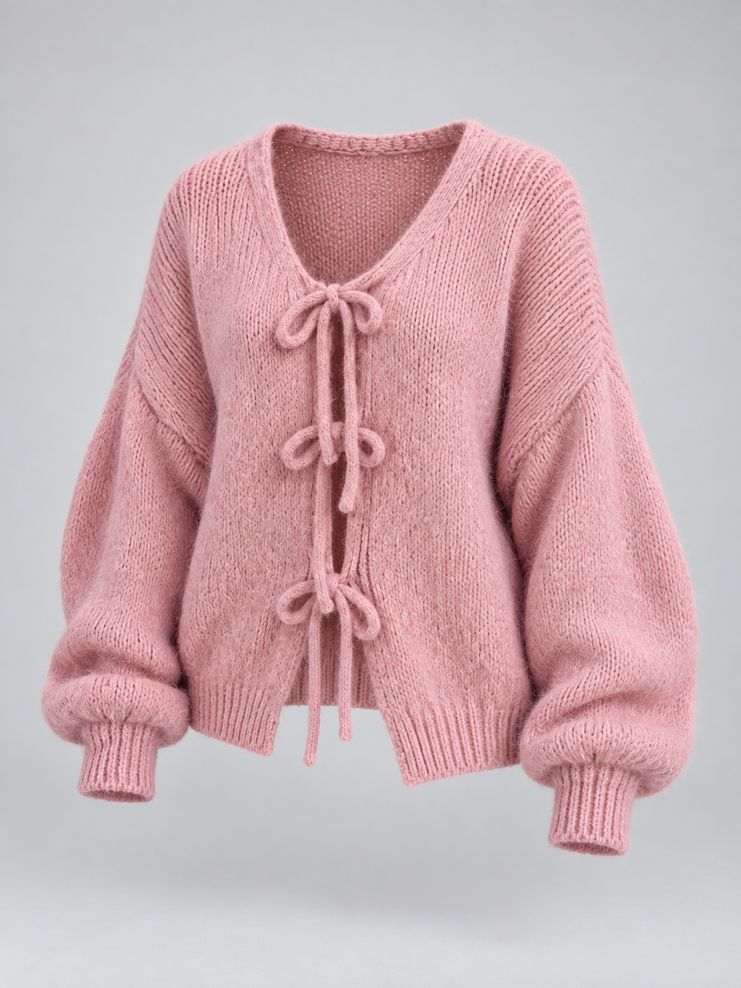 Women's Casual Knit Tie Front Cardigan with Balloon Sleeves