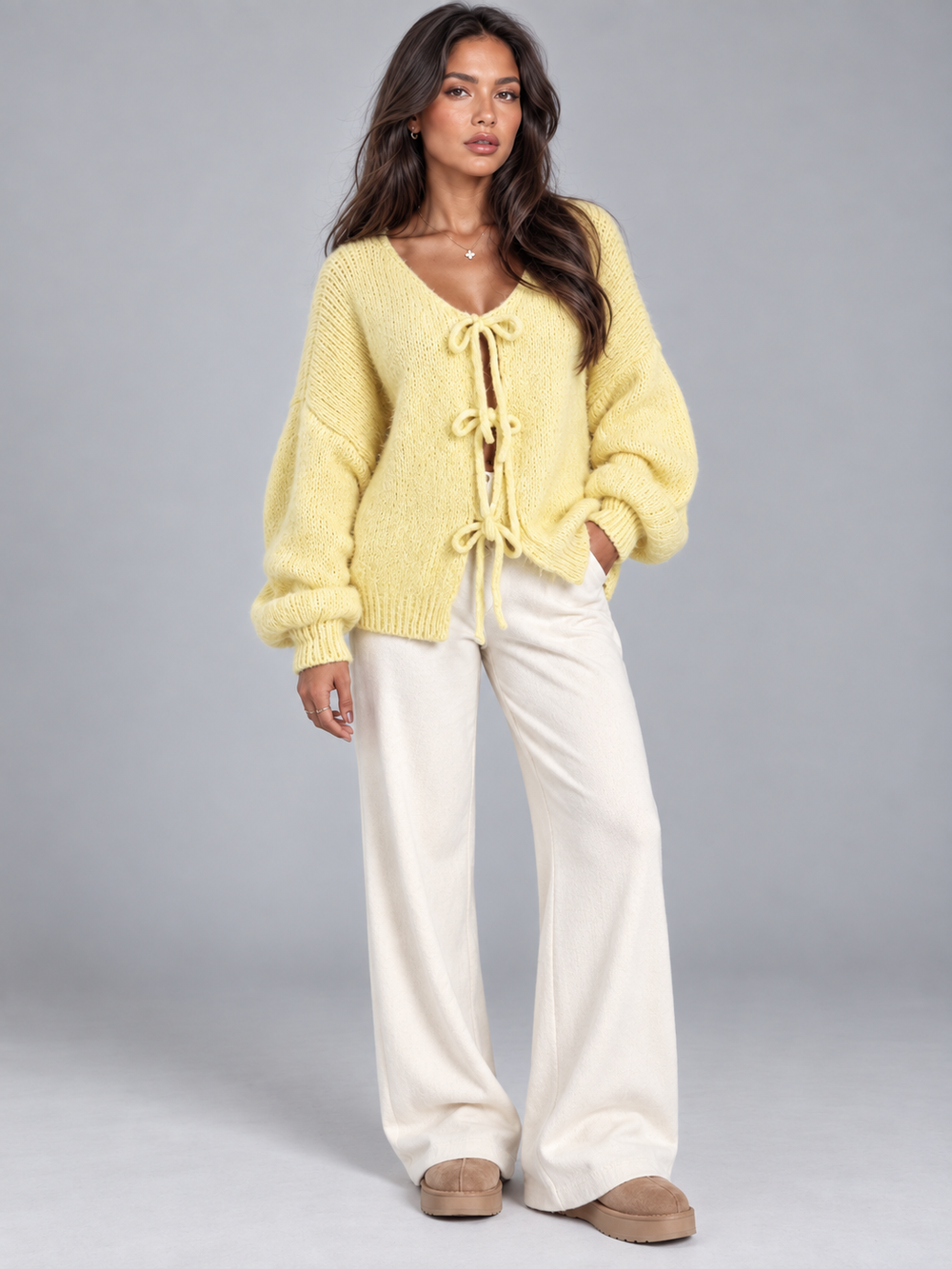 Women's Casual Knit Tie Front Cardigan with Balloon Sleeves