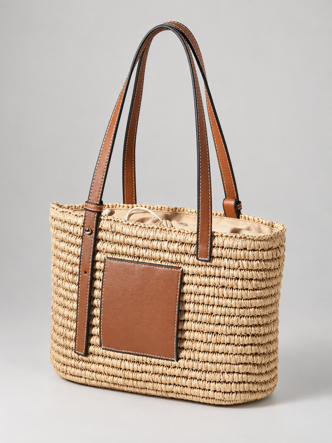 Women's Casual Woven Straw Tote Bag with Leather Trim