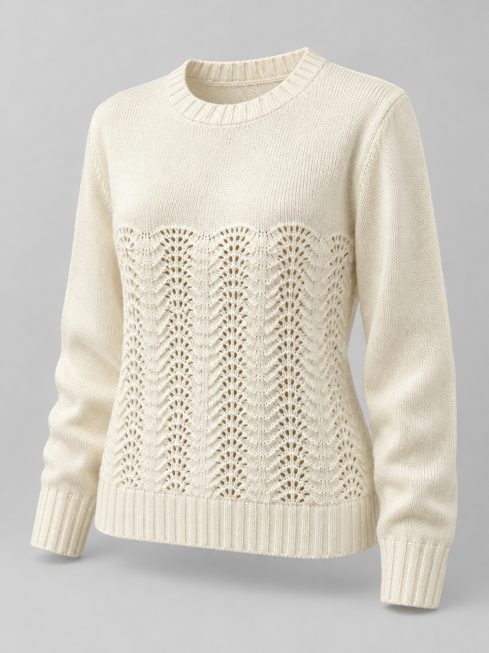 Women's Casual Pointelle Knit Open Stitch Crew Neck Sweater